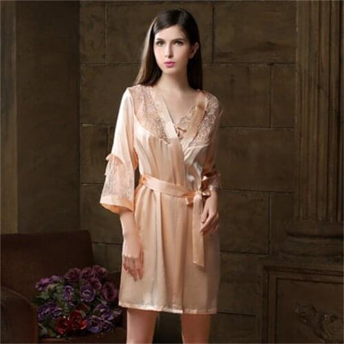 100% Mulberry Silk Robe Womens Pajamas Summer Sexy Lace Suspender Nightdress Nightgown Home Kimono Sleepwear Bathrobe Pijama Set
