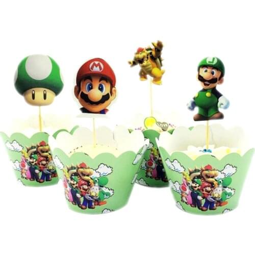 12PCS/lot Baby Shower Party Mari0 Theme Happy Birthday Cupcake Toppers Cake Wrappers Decoration Boys Favors Supplies