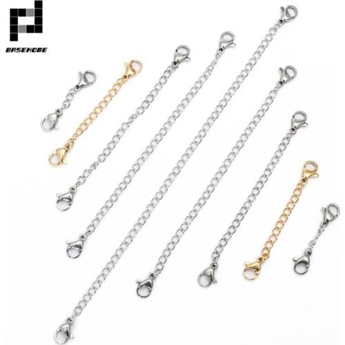 BASEHOME 5pcs Stainless Steel Necklace Extension Chain Lobster Clasp Fit Necklace Connector Chains for DIY Jewelry Making