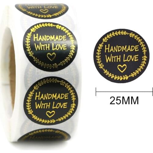 500Pcs/roll Black Handmade With Love Stickers Thank You Seal Labels DIY Gift Baking Package Gold Foil Round Decorative Stickers