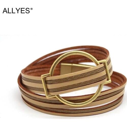 ALLYES Retro Bronze Round Charm Leather Bracelet for Women Vintage Contrast Color Multilayer Wrap Bracelet Bangle Female Jewelry