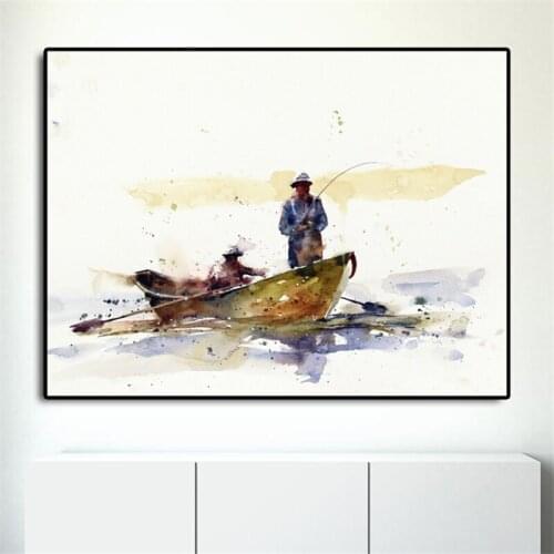 Drift Boat Fishing Watercolor Nordic Minimalist Canvas Posters Prints Wall Art Painting Decorative Picture Modern Home Decor HD