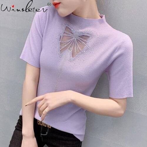 Summer European Clothes Knit T-Shirt Fashion Sexy Patchwork Shiny Diamonds Bow Women Tops Short Sleeve Elastic Slim Tees T13406A