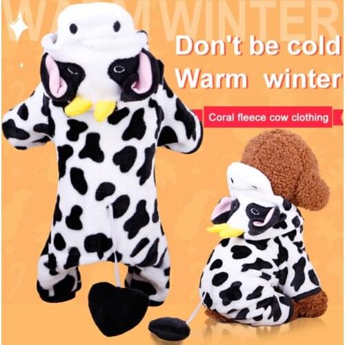 Pet Dog Costume Milk Cow Fleece Dog Clothes Velvet Winter Pajamas Coat Jumpsuit Warm Dog Apparel Hoodie For Small Large Dog Cat