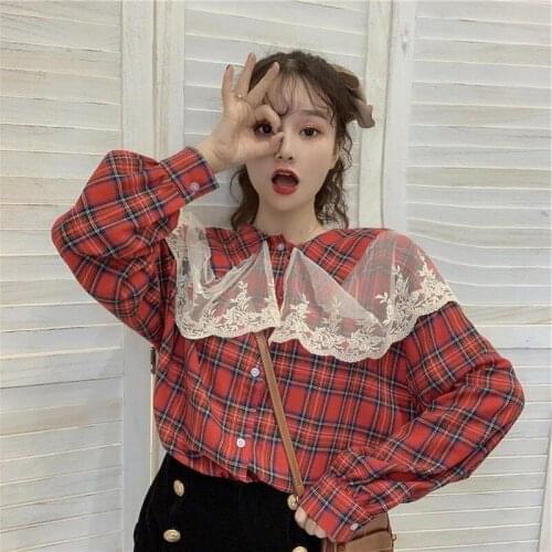 Sweet Japanese Spring New Kawaii Lace Peter Pan Collar Vintage Full Sleeve Cute Harajuku Plaid Shirt Women Fresh Blouse Shirt