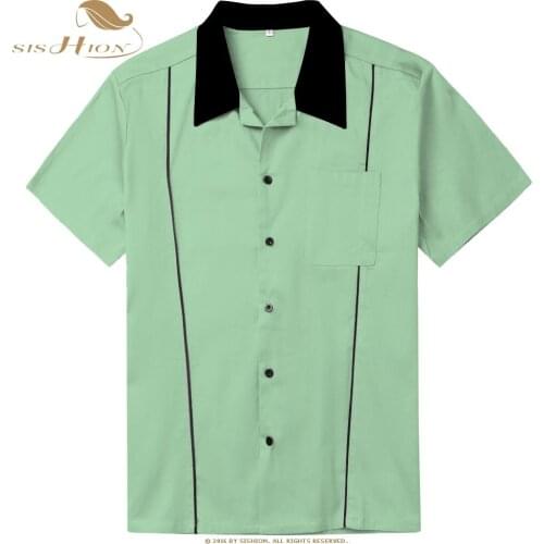 SISHION 2021 Grey Brown Green Men Shirt ST118 Cotton Button Up Classic Retro Bowling Shirt Plus Size short sleeve shirts