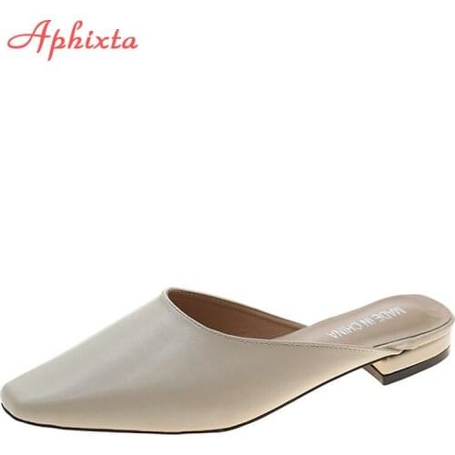Aphixta 2021 Fashion Little Square Toe Slippers Women Slip On Mules Luxury Brand Outsides Soild Elegant Ladies Slides Sa