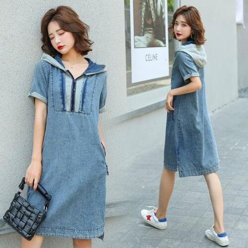 New Summer Style Women Dresses Plus Size Casual Loose Hooded Patchwork Short Sleeve Jeans Dress For Females Denim One-Piece