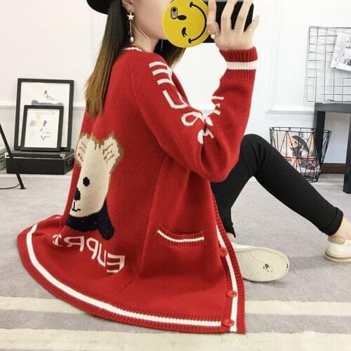 Autumn And Pattern Little Bear Suit-dress Sweater Korean Knitting Unlined Upper Garment Long A All-match Loose Coat