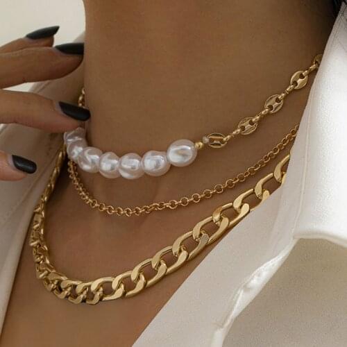 3Pcs/Set Retro Multilayer Baroque Imitation Pearl Necklace Womens Punk Chunky Metal Thick Chain Necklaces Girl Party Jewelry