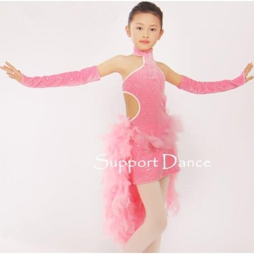 Girls Feather Backless Velvet Latin Dress Children Adult Women Fashionable Sexy Dance Performance Costume C298
