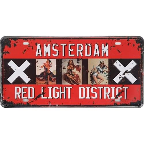 Amsterdam Red Light District Pin up Girl Retro Vintage Auto License Plate Embossed Tag Vintage Metal Tin Sign, 12" X 6"inches