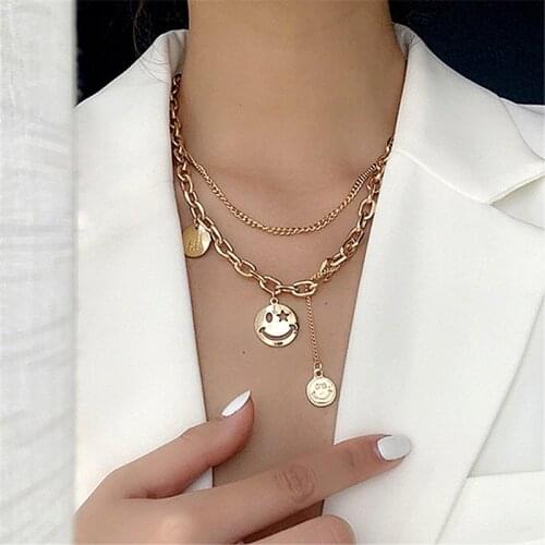 Smiley Face Necklace for Women Men Gold Titanium Steel Edgy 2 Layer Tassel Smile Face Chain Neckalce for Teen Boys Girls Stylish