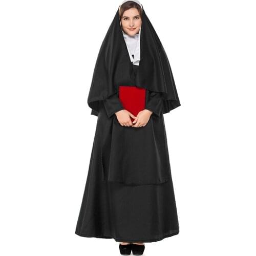Deluxe Black Ladies Nun Sister Costume Christian Catholic Female Missionary Halloween Party Fantasia Fancy Dress