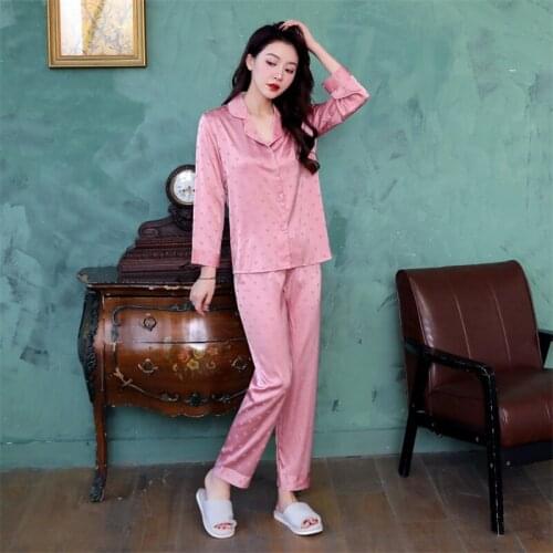 Sexy Pajama 2Pcs Set For Women Spring Summer Long Sleeve Satin Pyjamas Soft Sleepwear Casual Homewear Pijama