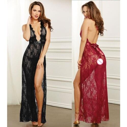 Sexy lingerie black/white lace long robe with g string 2 piece sleepwear