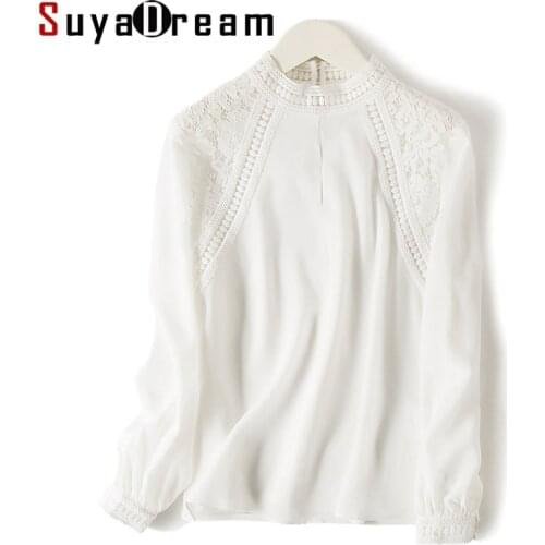 SuyaDream Women White Blouse 100% REAL SILK Crepe Lace Stand Collar Office Lady Blouses 2019 Spring Autumn Chic Shirt