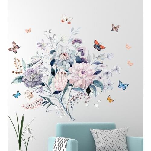 Warm Colors Flowers And Leaves Wall Stickers Camellia Colorful Butterflies Wallpaper For Bedroom Living Room Romantic Home Decor