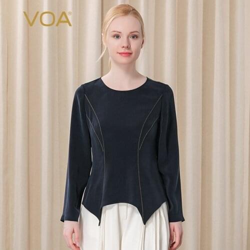 VOA Round Neck Long-sleeved Yellow Line Hit Color Bordered Waist Dovetail Distressed Navy Mulberry Silk 100% T Autumn Tops BE268