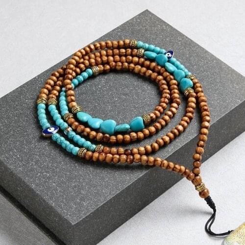 Statement Blue Stone Beaded Mobile Phone Chain Necklace Boho Ethnic Punk Style Wooden Beads Tassel Layered Fashion Necklace