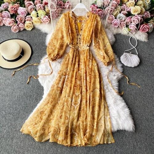 Womens Spring Autumn Runway Fashion Long Sleeve Yellow Print Long Dress Female High Waist ChicTravel Beach Party Dress TB1919