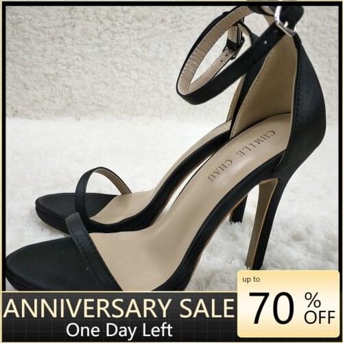 Women Stiletto Thin High Heel Sandals Sexy Ankle Strap Open Toe Black Satin Fashion Party Bridals Ball Lady Shoe 0640A-13