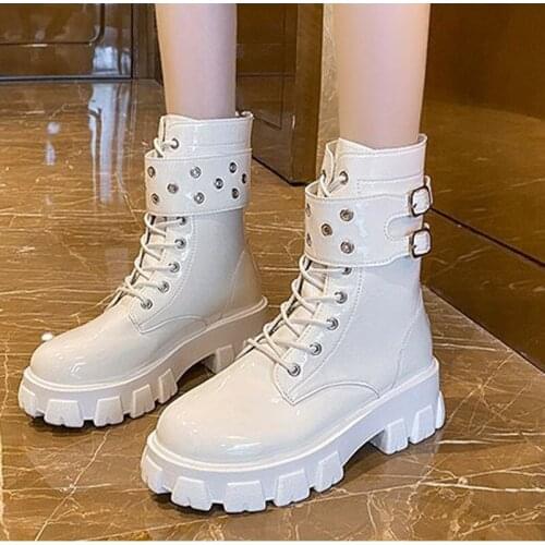 2021 New INS Hot Buckle Strap Mid-Calf Boots British Style Female Autumn Thick Bottom Motorcycle Boots Women Plush Round Toe Hot