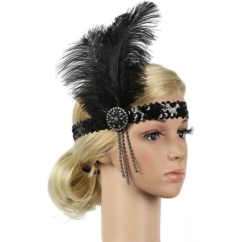 Art Deco 1920s Flapper Feather Headpiece Roaring Roaring 20s Great Gatsby Sequin Headband for Women Showgirl Costume Accessories