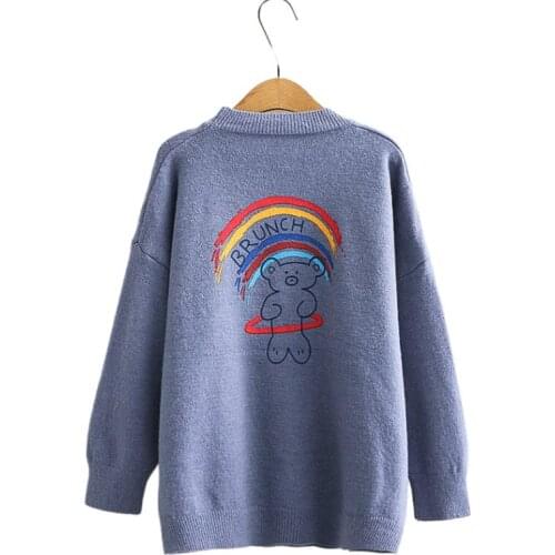 Women Sweater Winter 2020 Jumpers Casual O-neck Knitted Pllover Long Sleeve Rainbow Cartoon Print Sweet Style Female Tops