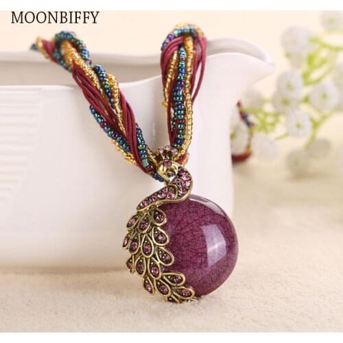2021 Retro Bohemia Necklace Multilayer Beads Chain Crystal Peacock Abstract Design Resin Pendant Necklace