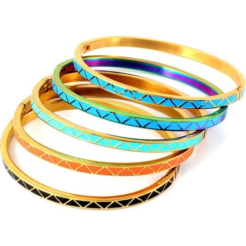 5 Color Triangle Pattern Bangles For Women Stainless Steel Gold Thin Bangles Bracelets Orange Blue Colour Enamel Jewelry