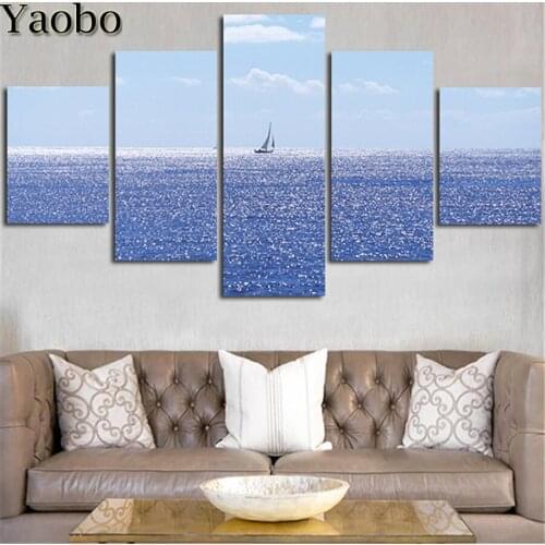 5 Pcs Diamond Embroidery Sunshine Beautiful Blue Sparkling Sea Full Round Square Diamond Painting Cross Stitch Rhinestone Decor