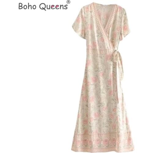 Boho Queens women floral print cross v-neck beach Bohemian maxi dress Ladies v-neck ruffles Boho pleated dress vestidos