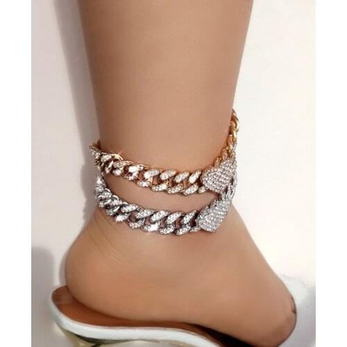 HipHop Crystal Heart Shaped Chunky Cuban Link Anklet Iced Out Miami Cuban Metal Chain Anklets Bracelet for Women Men New Jewelry
