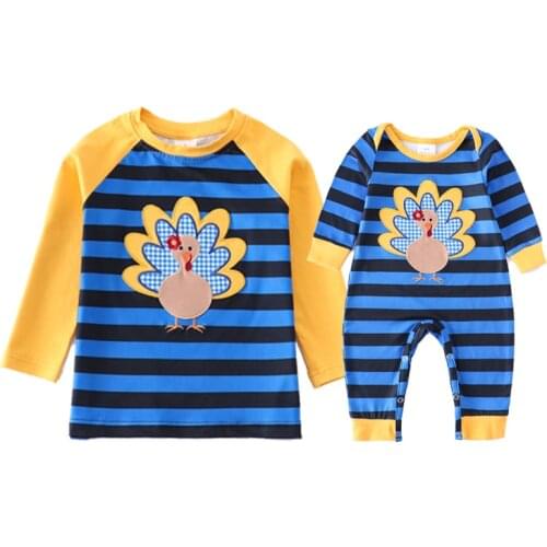 Girlymax Fall Thanksgiving Boys Long Sleeves Top Turkey Stripe Boutique Cotton T-shirts Brothers Wear Kids Clothing Romper