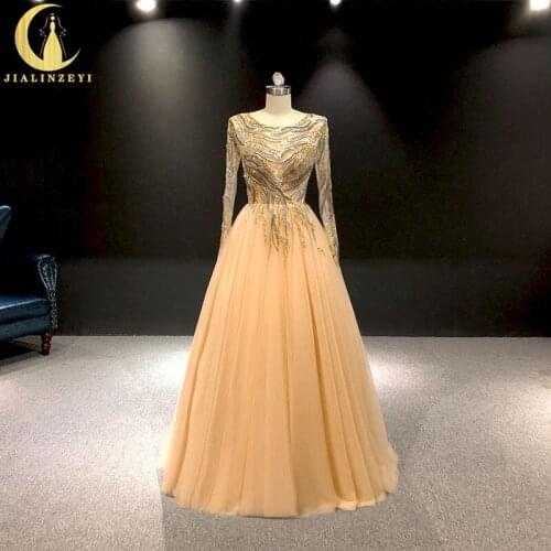 JIALINZEYI Long Sleevs Gold Beads Crystal Ball Gown vestidos de fiesta robes de soirée Fromal dress Evening Dresses