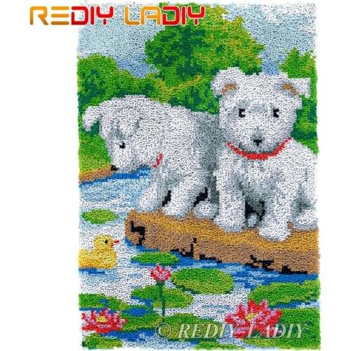 Latch Hook Kits White Puppies Chunky Yarn Embroidery Crocheting Tapestry Kits Needlework Hobbies & Crafts DIY Carpet Rug 58*85cm