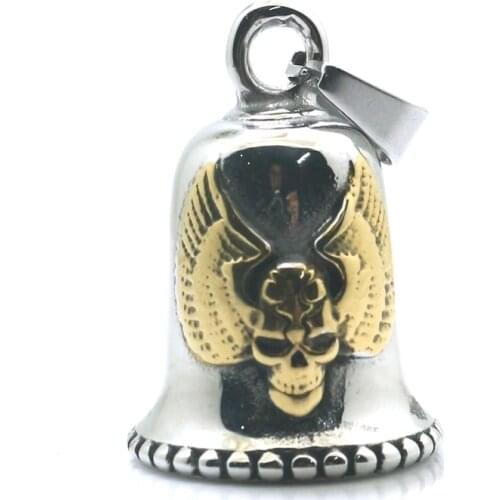 Men Boy 316L Stainless Steel Biker Eagle Wing Gold-Color Skull Bell Pendant
