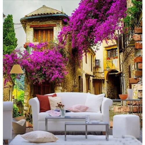 Wholesale vintage Town purple flower scenery 3d wall mural for living room sofa background 3d photo mural Papel de parede