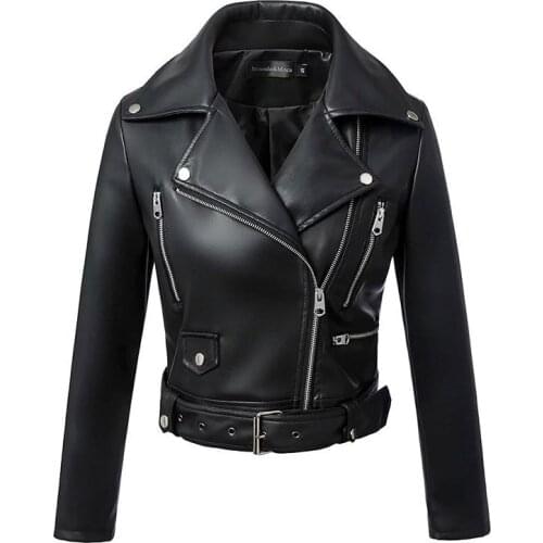 Autumn Winter Pu Leather Black Jacket Women Long-Sleeve Outerwear Casual Turn-Down Collar Slim Coat