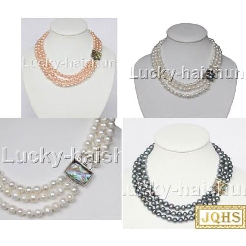 JQHS Genuine 17" 3row 9mm round white pink Peacock black freshwater pearls necklace Abalone clasp j12584-4