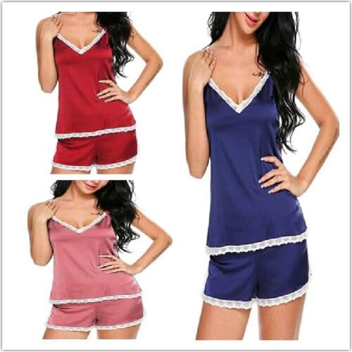 2PCS Satin Pajama Set Faux Silk Women Cotton Sexy Slip Nightgown Embroidery Red Homewear 2XL XL L