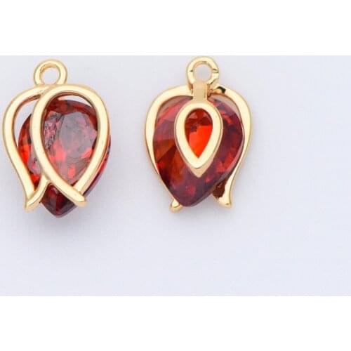 4pcs CZ Paved Gold Flower Charms 12x8mm, Real Gold plated Brass, Red Cubic Zirconia Pendants (GB-575)