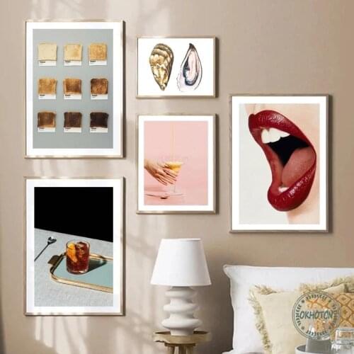 Cocktail Toast Oyster Sexy Lips Poster Nordic Wall Art Print Canvas Painting for Living Room Kitchen Decoratiive Picture