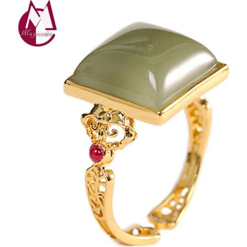 Adjustable Real 925 Sterling Silver And Gold Plate Inlaid Square Jade Fashion Fine Jewelry Ring For Women 2021 Free Shipping R05