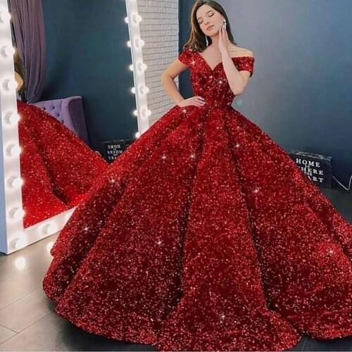 Luxury Ball Gown Sequin Evening Dresses 2020 Women Formal Party Night Off The Shoulder Robe De Soiree Elegant Long Prom Gowns