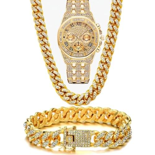 Luxury Iced Out Watch for Men Women Hip Hop Miami Bling CZ Cuban Chain Big Gold Chain Necklace Paved Rhinestones Men Jewelry Set