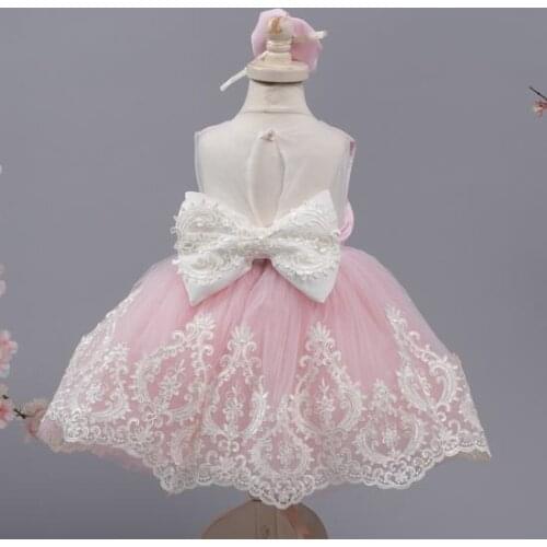Pink Tulle Lace Knee Length Baby Girl Birthday Party Dress Big Bow Christening Dress Kids Clothes