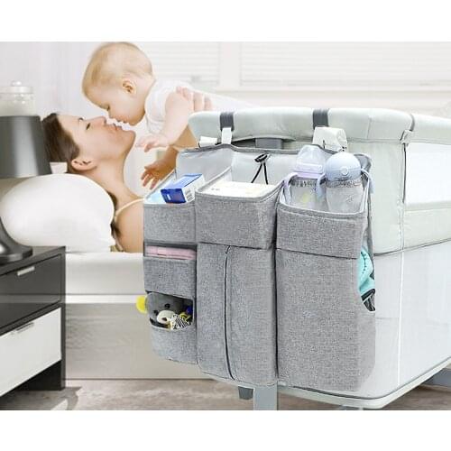 Gray Baby Crib Organizer Flax Diaper Bag Bed Hanging Storage Bag For Baby Essentials Diaper Nappy Storage Cradle Bag Bedding Set