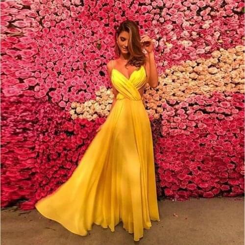 Chic Yellow Spaghetti Strap Prom Dresses Backless Pleat Chiffon Womens Maxi Dress Floor Length Evening Party Skirts 2019